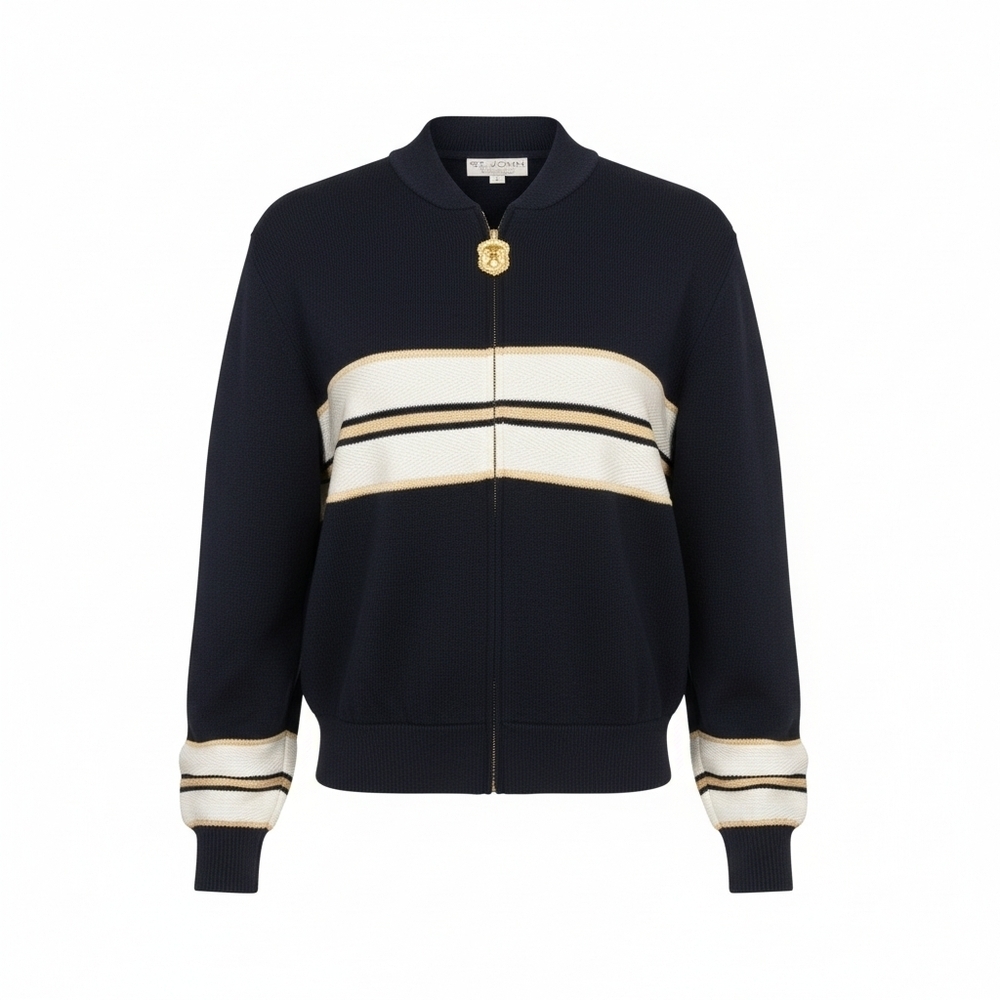 ST. JOHN Collection Knit Zip Jacket — Navy / Ivory / Gold Trim — Size L